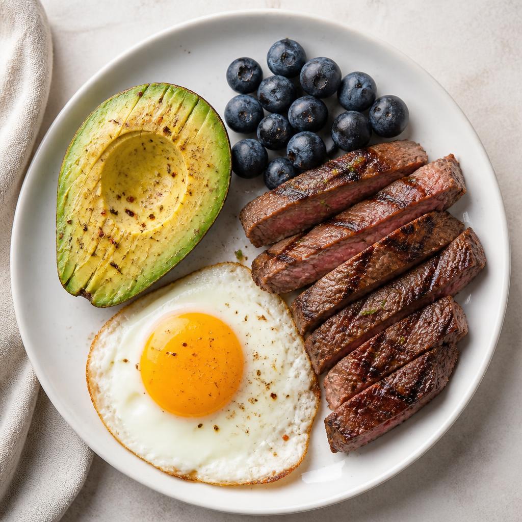 Plato cetogénico con aguacate, huevo, carne y arándanos azules